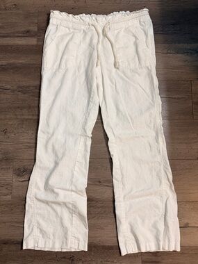 🌊 Roxy White Linen Elastic Waist Drawstring Beach Pants Pockets - Size Medium 🤍